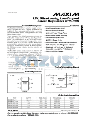 MAX8880EUT-T datasheet - 12V, Ultra-Low-IQ, Low-Dropout Linear Regulators with POK