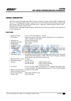 EM73362 datasheet - 4-BIT MICRO-CONTROLLER FOR LCD PRODUCT