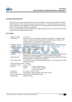 EM73963A datasheet - 4-BIT MICRO-CONTROLLER FOR LCD PRODUCT