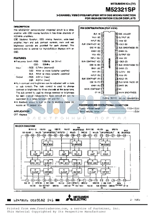 M52321SP datasheet - 3 CHANNEL VIDEO PREAMPLIFIER WITH OSD MIXING FUNTION FOR HIGH DEFINITION COLOR DISPLAYS