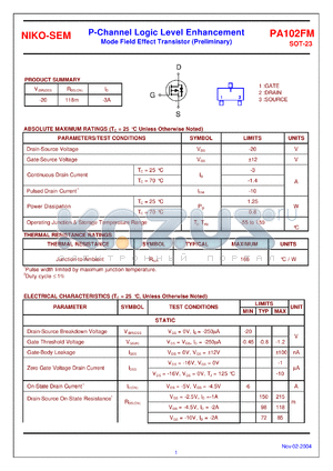 PA102FM datasheet - P-Channel Logic Level Enhancement Mode Field Effect Transistor (Preliminary)