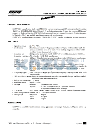 EM73P461 datasheet - 4-BIT MICRO-CONTROLLER FOR LCD PRODUCT