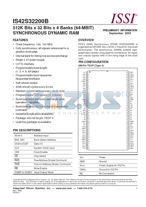 IS42S32200B-6TL datasheet - 512K Bits x 32 Bits x 4 Banks (64-MBIT) SYNCHRONOUS DYNAMIC RAM