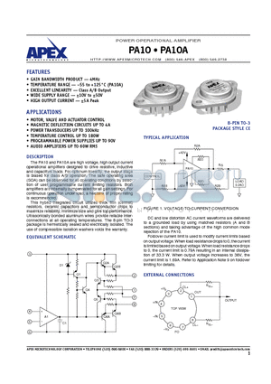 PA10A datasheet - POWER OPERATIONAL AMPLIFIER