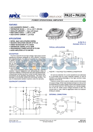 PA10A datasheet - POWER OPERATIONAL AMPLIFIERS