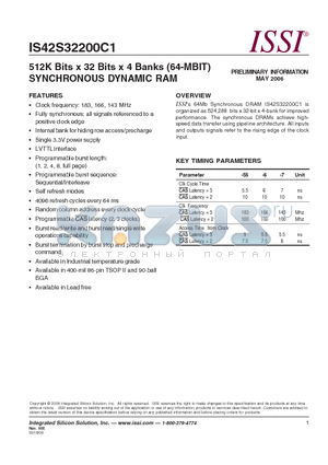 IS42S32200C1-7BL datasheet - 512K Bits x 32 Bits x 4 Banks (64-MBIT) SYNCHRONOUS DYNAMIC RAM