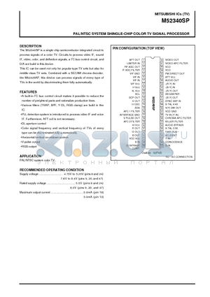 M52340SP datasheet - PAL/NTSC SYSTEM SHINGLE-CHIP COLOR TV SIGNAL PROCESSOR