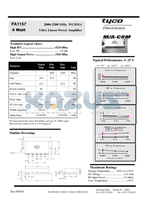 PA1157 datasheet - 2000-2200 MHz. WCDMA Ultra Linear Power Amplifier