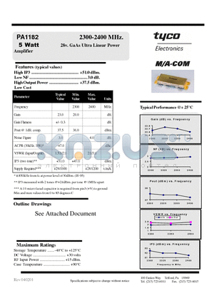 PA1182 datasheet - 2300-2400 MHz. 5 Watt 28v. GaAs Ultra Linear Power Amplifier