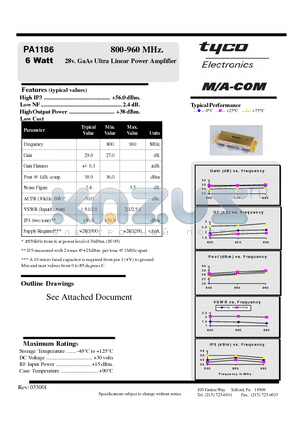 PA1186 datasheet - 800-960 MHz. 6 Watt 28v. GaAs Ultra Linear Power Amplifier