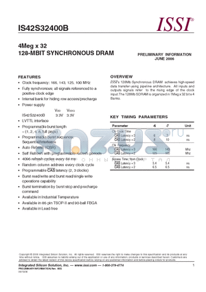 IS42S32400B-6BL datasheet - 4Meg x 32 128-MBIT SYNCHRONOUS DRAM