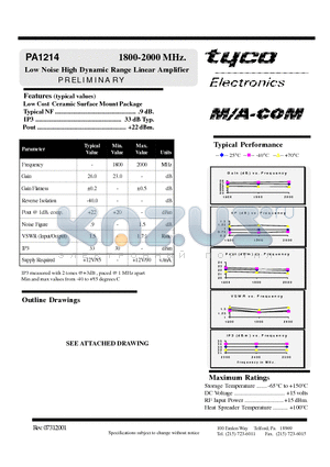 PA1214 datasheet - 1800-2000 MHz. Low Noise High Dynamic Range Linear Amplifier