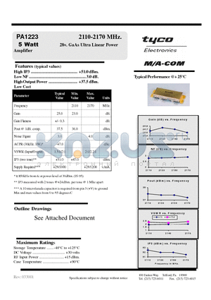 PA1223 datasheet - 2110-2170 MHz. 5 Watt 28v. GaAs Ultra Linear Power Amplifier