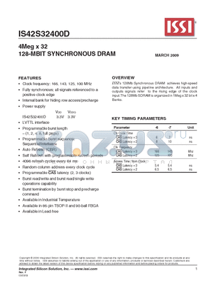 IS42S32400D-6TLI datasheet - 4Meg x 32 128-MBIT SYNCHRONOUS DRAM