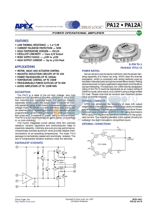 PA12A datasheet - POWER OPERATIONAL AMPLIFIERS