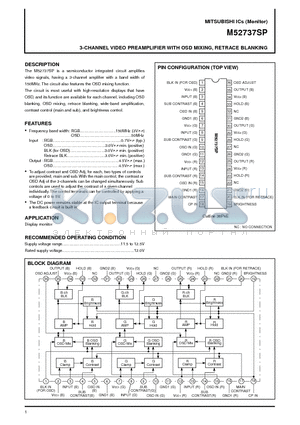M52737SP datasheet - 3-CHANNEL VIDEO PREAMPLIFIER WITH OSD MIXING, RETRACE BLANKING