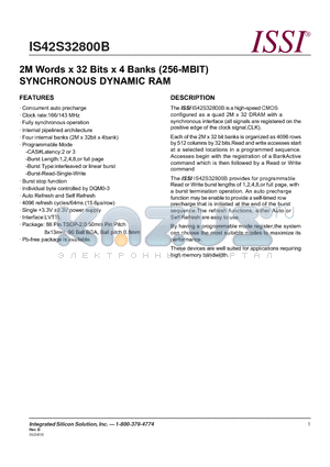 IS42S32800B-6TLI datasheet - 2M Words x 32 Bits x 4 Banks (256-MBIT) SYNCHRONOUS DYNAMIC RAM