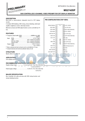 M52745SP datasheet - BUS CONTROLLED 3-CHANNEL VIDEO PREAMP FOR CRT DISPLAY MONITOR