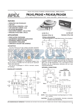 PA142A datasheet - HIGH VOLTAGE POWER OPERATIONAL AMPLIFIERS