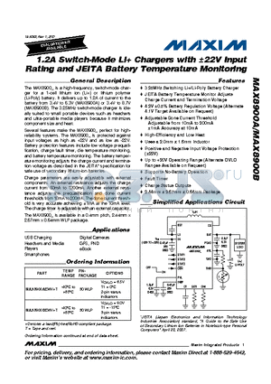 MAX8900A datasheet - 1.2A Switch-Mode Li Chargers with a22V Input Rating and JEITA Battery Temperature Monitoring