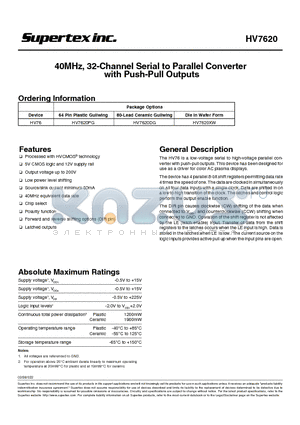 HV7620DG datasheet - 40MHz, 32-Channel Serial to Parallel Converter with Push-Pull Outputs