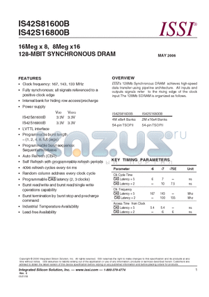 IS42S81600B-7T datasheet - 16Meg x 8, 8Meg x16 128-MBIT SYNCHRONOUS DRAM