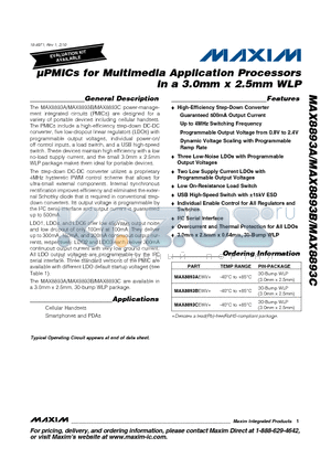 MAX8893AEWV+ datasheet - lPMICs for Multimedia Application Processors in a 3.0mm x 2.5mm WLP