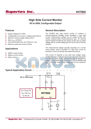 HV7802 datasheet - High Side Current Monitor 8V to 450V, Confi gurable Output