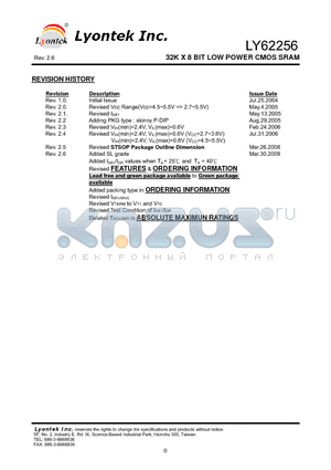 LY62256RV datasheet - 32K X 8 BIT LOW POWER CMOS SRAM