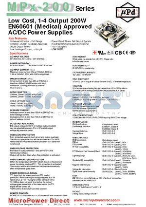 MPD-200A datasheet - Low Cost, 1-4 Output 200W EN60601 (Medical) Approved AC/DC Power Supplies