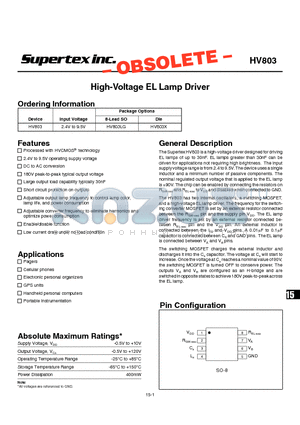 HV803 datasheet - High-Voltage EL Lamp Driver