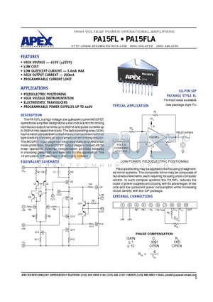 PA15FLA datasheet - HIGH VOLTAGE POWER OPERATIONAL AMPLIFIERS