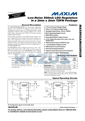 MAX8902AATA datasheet - Low-Noise 500mA LDO Regulators in a 2mm x 2mm TDFN Package