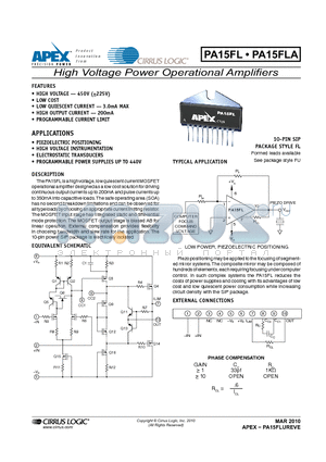 PA15FL_10 datasheet - High Voltage Power Operational Amplifiers