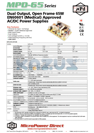 MPD-65 datasheet - Dual Output, Open Frame 65W EN60601 (Medical) Approved AC/DC Power Supplies