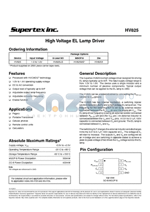 HV825X datasheet - High Voltage EL Lamp Driver