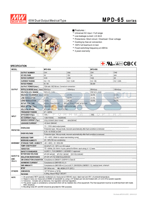 MPD-65A datasheet - 65W Dual Output Medical Type