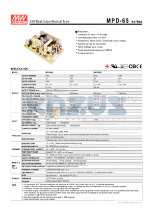 MPD-65A datasheet - 65W Dual Output Medical Type