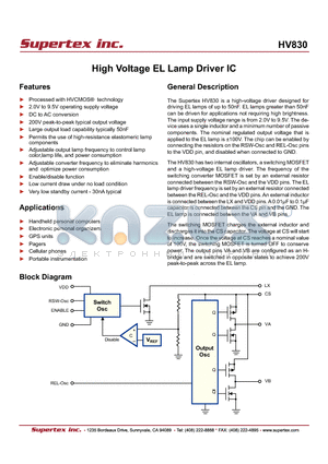 HV830LG datasheet - High Voltage EL Lamp Driver IC