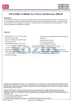 IS42SM16200C datasheet - 1M x16Bits x2Banks Low Power Synchronous DRAM