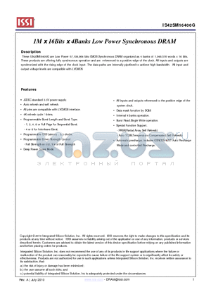 IS42SM16400G datasheet - 1M x 16Bits x 4Banks Low Power Synchronous DRAM