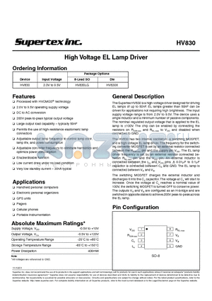 HV830X datasheet - High Voltage EL Lamp Driver