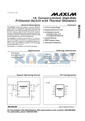 MAX890LC/D datasheet - 1A, Current-Limited, High-Side P-Channel Switch with Thermal Shutdown