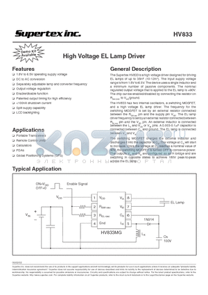 HV833 datasheet - High Voltage EL Lamp Driver