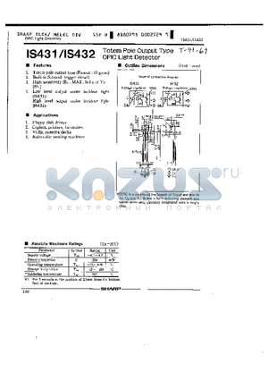 IS431 datasheet - TOTEM POLE OUTPUT TYPE OPIC LIGHT DETECTOR