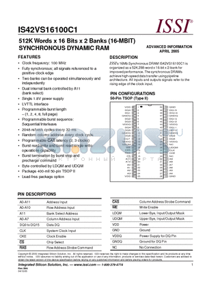 IS42VS16100C1-10TL datasheet - 512K Words x 16 Bits x 2 Banks (16-MBIT) SYNCHRONOUS DYNAMIC RAM