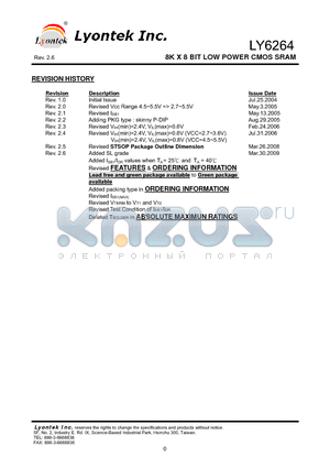 LY6264PL datasheet - 8K X 8 BIT LOW POWER CMOS SRAM