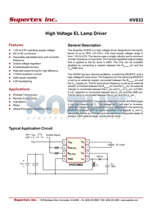 HV833MG datasheet - High Voltage EL Lamp Driver
