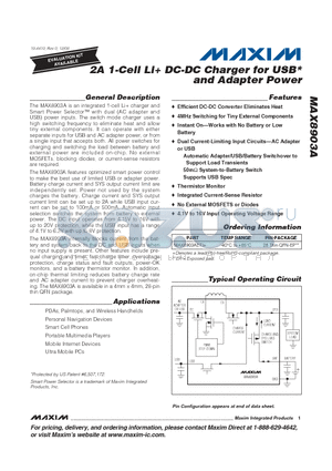 MAX8903AETI+ datasheet - 2A 1-Cell Li DC-DC Charger for USB* and Adapter Power