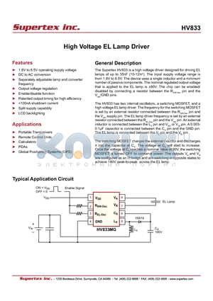 HV833_07 datasheet - High Voltage EL Lamp Driver